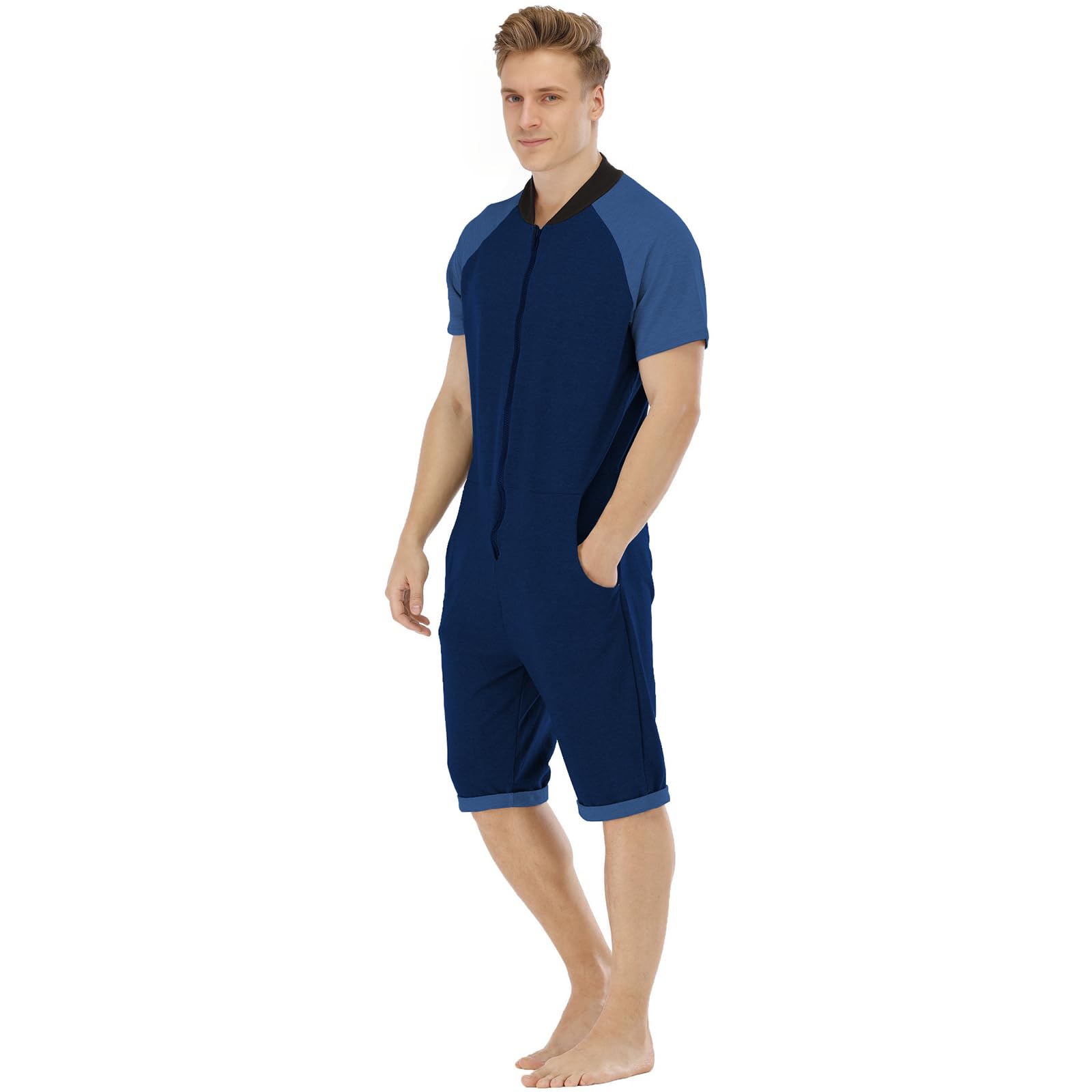 Men's Short Pyjamas Full Zip One Piece Jumpsuit Short Sleeve Hooded Summer One Piece Onesie Casual Sports Home Suit