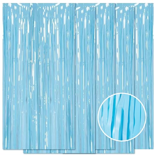 Image of 5 Pack Blue Foil Curtain Backdrop 3.2ft x 8.2ft Tinsel Foil Fringe Curtains Macaron Photo Booth Streamer Backdrop for Party Decorations Birthday Baby Shower Bachelorette Holiday Decor (Pastel Blue)