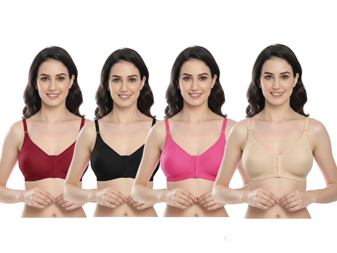 Women’s Front Closure Wireless Bra – Non Padded Soft Cotton Bra, Comfortable Lingerie, Easy Hook Front Open Bra Pack of 4 (Multicolor)-image-21