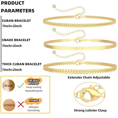 Bracelet for Women - Dainty Stack Bracelets Trendy Adjustable 14K Gold Plated Thin Paperclip Bead Box Satellite Figaro Cuban Link Chain Bracelet Set for Women Waterproof Jewelry Gift
