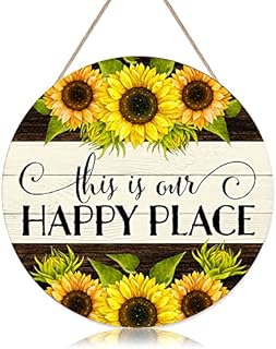 This is Our Happy Place Farmhouse Wood Signs Plaque - Rustic Sunflowers Wall Hanging (12" x 12"), Inspirational Quotes Art for Front Door Entryway Porch Bar Pub Farewell Party Home Office Garden