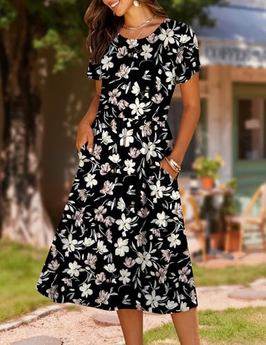 Image of HOTOUCH Women's Summer A-Line Midi Dresses 2026 Casual Floral Short Sleeve T-Shirt Dress Flowy Beach Sundress with Pockets