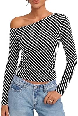Kate Kasin Women Black Long Sleeve Off Shoulder Striped Tops, Sexy Slim Fit Shirts, Going Out Casual...