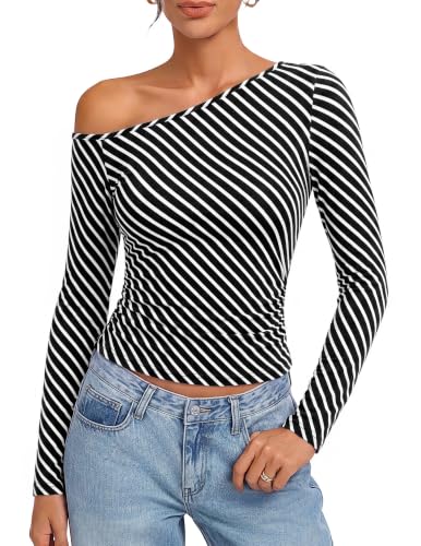 Kate Kasin - Kate Kasin Women Black Long Sleeve Off Shoulder Striped Tops, Sexy Slim Fit Shirts, Going Out Casual Party Weekend Blouses (60% Off Amazon Deal)