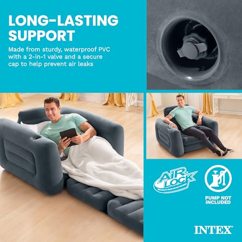 Image of Intex Inflatable Pull-Out Sofa: Velvety Surface, 2-in-1 Valve, Cupholder, 46 inch x 88 inch x 26 inch - Blow-Up Couch and Folding Queen Size Air Mattress Bed