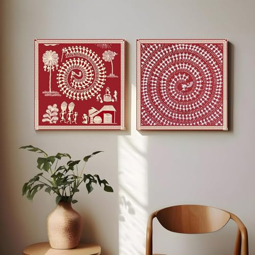 Image of Warli Tribal Canvas Wall Art Painting For Living Room, Traditional Village Life Folk Painting, Red Tribal Dance Floral Wall Art for Home and Office Decor, Set of 2, Size 12x12 inch