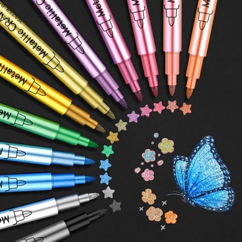 Funnasting Metallic Marker Stifte 12 Farben Metallic Stifte für Steine Wasserfest Glitzerstifte Set für Fotoalbum Gästebuch Hochzeit Scrapbook Zubehör Schwarzes Papier Porzellan Glas Keramik Holz Eier