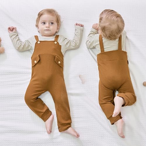 Image of CARETOO Baby Boy Clothes Suit Infant Gentleman Boy Outfits Dress Shirt /Bowtie /Suspender Pants Set 0-18 Months