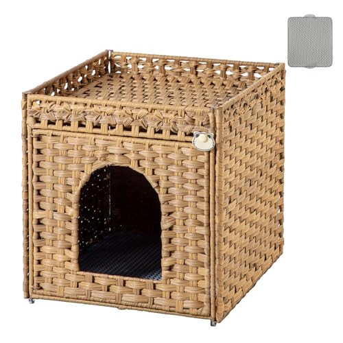 handwoven rattan cat litter box enclosure furniture with front entrance and litter mat