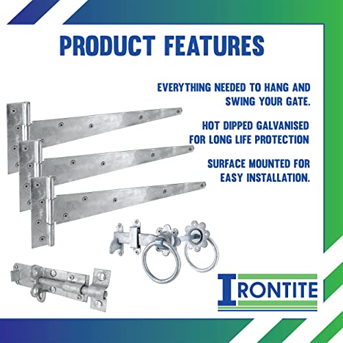 IRONTITE® Galvanised Gate Latch Kit with 450mm (18") T Hinges and Brenton Bolt. Garden Gate Kit Includes Garden Gate Hinges for Wooden Gates Brenton Garden Gate Bolt - Image 4