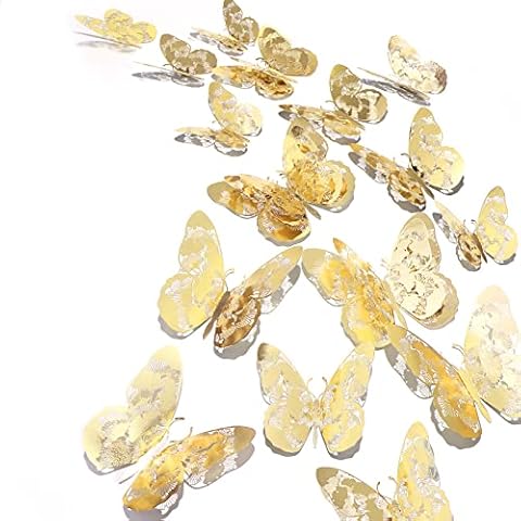 3D Butterfly Wall Decor Butterfly Gold Butterfly Decorations,24 Pcs 6 Patterns 3 Sizes Butterfly Stickers Butterflies Decals Wall Decorations Cake Decor for Kids Baby Bedroom Decor Birthday (Gold) Cover