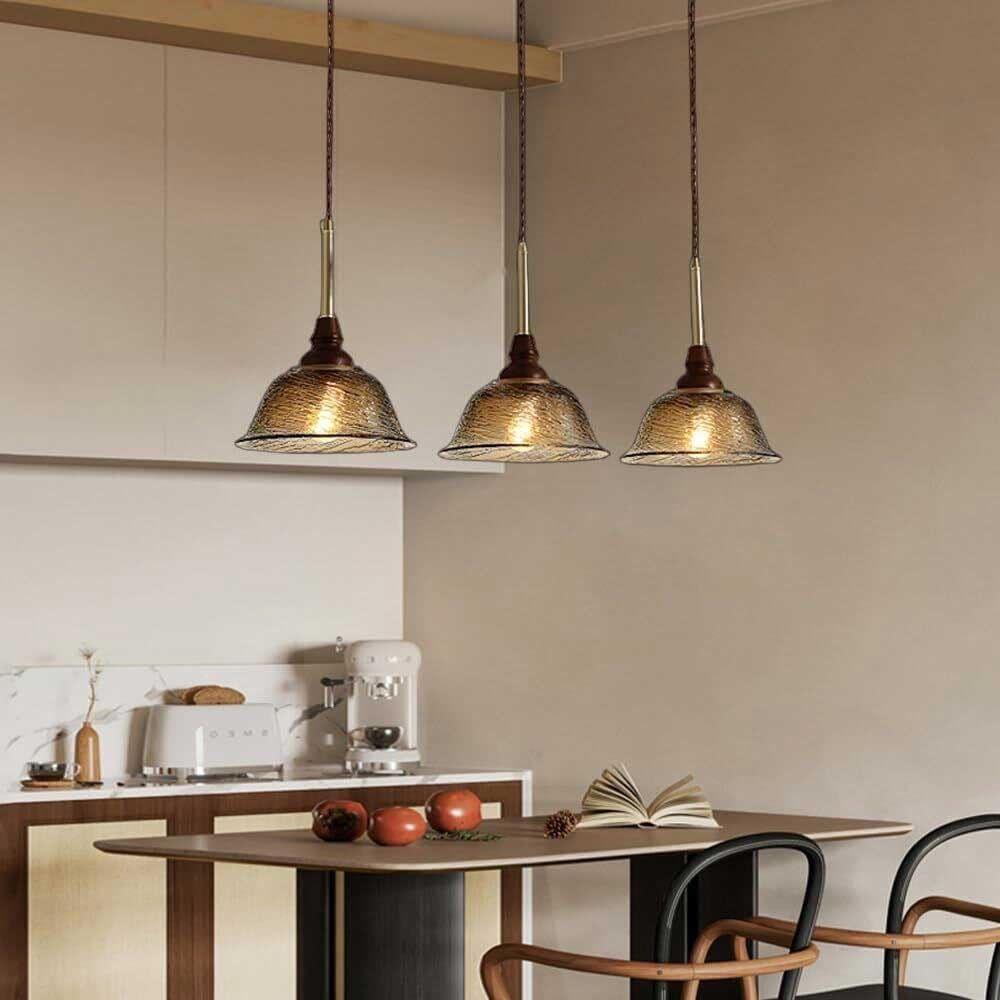 Suspension En Verre À 3 Lumières, Lustre En Bois Pour Îlot de Cuisine