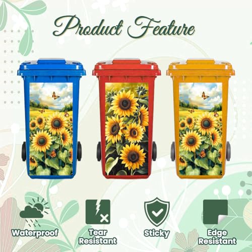Image of Peacoblue Wheelie Bin Stickers 2 Sheets Sunflowers Sticky Dustbin Stickers Decals, 15 inch x 32 inch Waterproof Large Wraps for Trash Cans Bins Fridges Door Wall Garden Outdoor Indoor Patio Decor