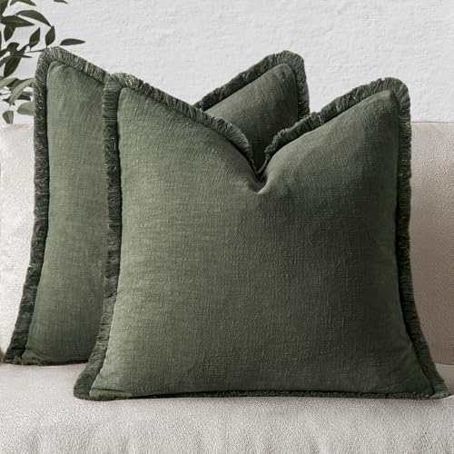 Image of MIULEE Decorative Throw Pillow Covers Neutral Linen Fringe Throw Pillows Set of 2 Rifle Green Boho Farmhouse Cushion Covers with Tassels for Couch Sofa Bed Living Room Spring Home Decor 18x18 Inch