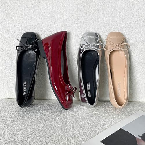 Women's Patent Leather Bow Inner Heighten Flats Elegance Square Toe Shallow Mouth Soft Sole Comfortable Slip On Dress Ballet Shoes Wedding Dating Daily3