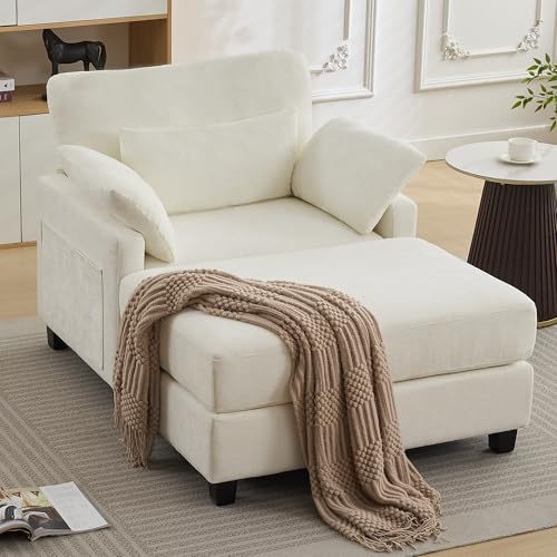 Image of WUTUTUEE 57.5 inch Oversized Chaise Lounge with Ottoman Indoor, White Reading Chair with Ottoman & Sofa Bed, Chenille Upholstered Comfy Sleeper Chair for Living Room, Bedroom, Office