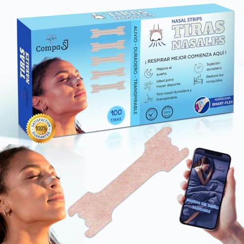 100 UDS - Tiras Nasales Antironquidos para Dormir, Alivia la Congestión Nasal, Breathe Right. Anti Ronquidos Nariz, Antirronquidos Para una Mejor Respiración al Dormir. Nasal strips - 66 x 19 mm