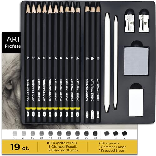 ARTISANAL STUDIO Drawing Pencils (12B to 4H) 10 Graphite 3 Charcoal Sketching Pencils Blending Stumps Erasers & Sharpeners for Drawing Sketching Shading Drafting and Illustrations