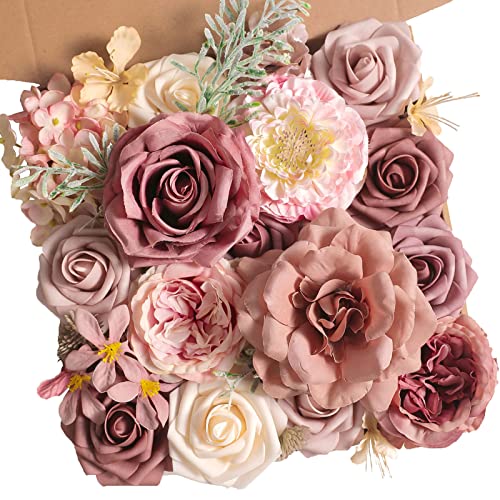 Koroni Flowers Artificial Flowers Combo Box Set Dusty Rose Fake Flowers Bulk Flower Leaf with Stems for DIY Wedding Bouquets Centerpieces Baby Shower Party Home Decorations