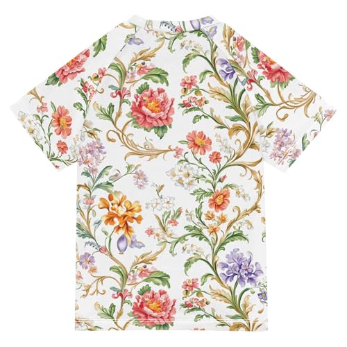ALAZA Kids Rash Guard Girls Toddler Swim Shirts Short Sleeve European White Flowers UPF 50+ 3T2