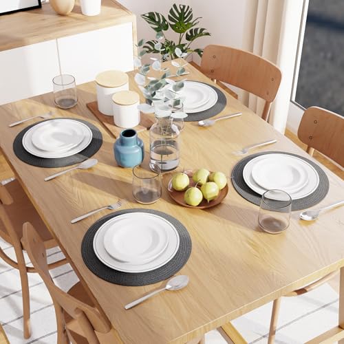 Image of Dining Table Mats Set of 4 | Cotton Table Mat 32 cm Diameter, Encasa XO Washable Round Table Mats, Heat Resistance Dining Table Placemats, Handmade Ribbed Style for Centre Table, Dark Grey