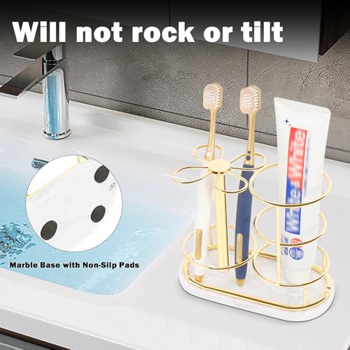Image of Toothbrush Holder Stand for Bathroom, Metal Toothbrush Organizer with Marble Base, Toothbrush Storage Collection for Family, Suitable for Home Hotel Countertop Vanity (Medium, Gold)