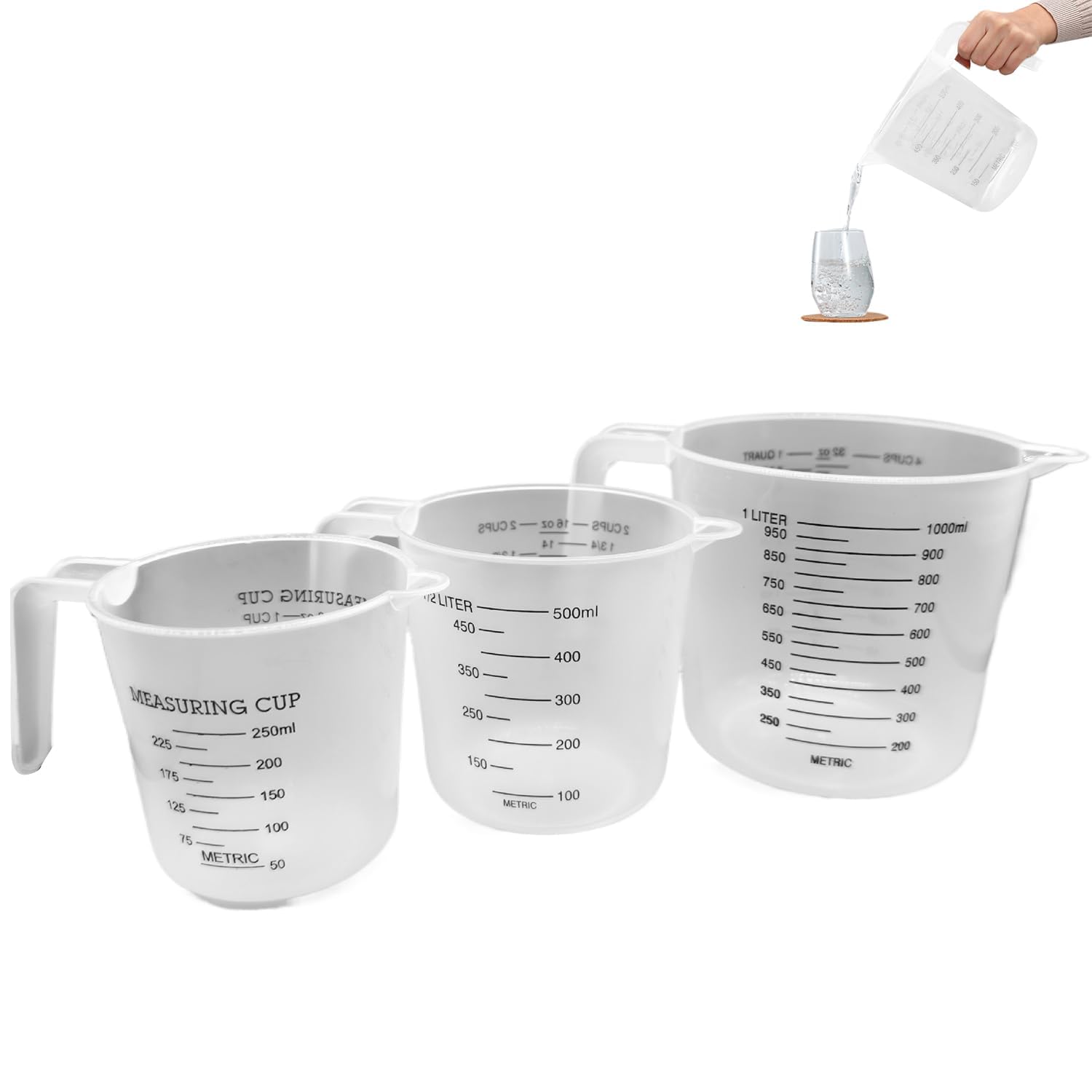 3-Piece Measuring Jug Set with 1L, 500ml, and 250ml Sizes β Clear Plastic for Precise Baking and Cooking Measurements