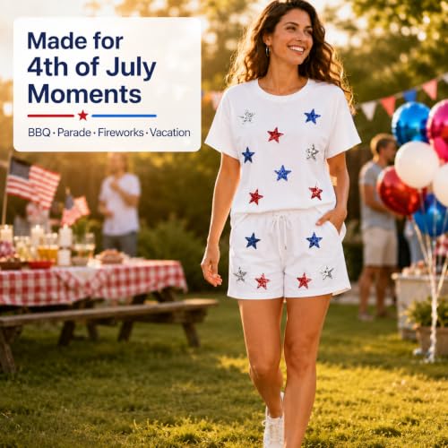 Image of VILOVE 4th of July 2 Piece Sequin Outfits Women 250 Anniversary Usa Shirts and Short Sets Casual Patriotic Shirt Summer Set