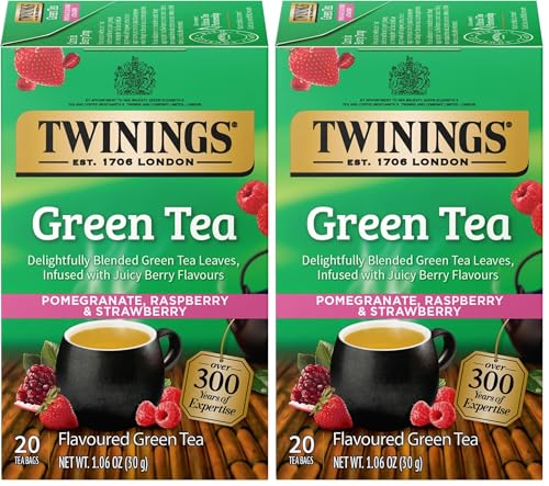 Twinings Green Tea with Pomegranate, Raspberry, &amp; Strawberry Individually Wrapped Bags, 20 Count (Pack of 2), Caffeinated, Enjoy Hot or Iced, 20 Teabags