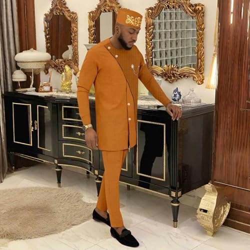 African Suits for Men Single Breasted Brooch Blazer Pant and Embroidery Hats 3 Piece Set Wedding Clothes2