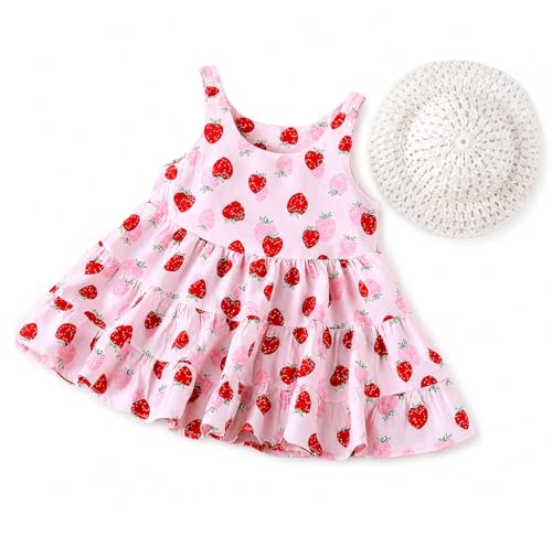 Image of Bold N Elegant Toddler Girls Summer Dress with Crochet Hat Set, Sleeveless Floral /Strawberry Print Tiered Sundress, Casual Beach Party Outfit for Baby Girls 1-6 Years