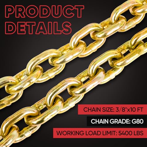 Image of Dollate G80 Transport Binder Chain 3 /8 Inch x 10 Foot, Heavy Duty Chain with 5400 lbs Safe Working Load Limit, Logging Chain with Grab Hooks for Transporting, Towing, Tie Down, Binding Equipment