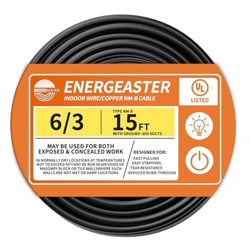 Solid Indoor 6/3 Type NM-B Pure Copper Cable 15FT Black 6 AWG 3 Conductors with Ground Wire