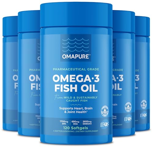 Image of OMAPURE Fish Oil Omega 3 Supplements - Triple Strength - High EPA, DHA - IFOS Lab Tested - Supports Heart & Brain Health - Burpless Capsules - Wild Caught - (5 Bottles - 120 Softgels Per Bottle)
