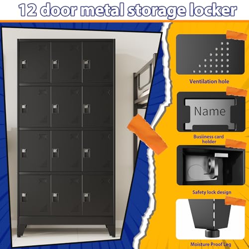Image of PAOFIN Metal Storage Lockers for Employees with Lock,Metal Storage Locker with 12 Doors for School Garage Office Gym Bedroom,Assembly Required,12 Door Black