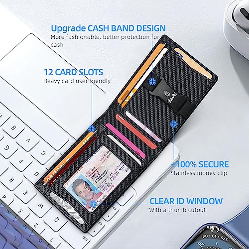 Zitahli Slim Money Clip Wallets For Men, Minimalist Leather Bifold Rfid Blocking Mens Front Pocket Wallet With 12 Card Slots Gift Box Black #TOP3