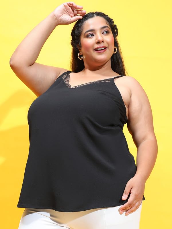 Image of oxolloxo Women Plus Size Soild V-Neck with Lace Detailed Sleeveless Strappy Top