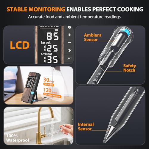 AI Smart Wireless Meat Thermometer, 10X Enhanced Signal and Stability, with High-Accuracy Sensors, Standalone Display Base, Instant Read LCD &amp; App Control for Kitchen,BBQ,Oven,Grill,Air Fryer