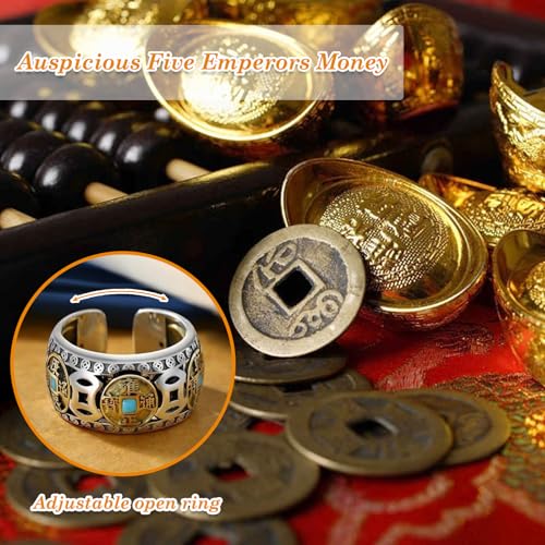 Feng Shui Ring, Five Emperors Coins Ring, S925 Stering Silver Engraved Cameo Rings Energy Protection Amulet Wealth Lucky Jewelry, Adjustable Open Rings for Men Women4