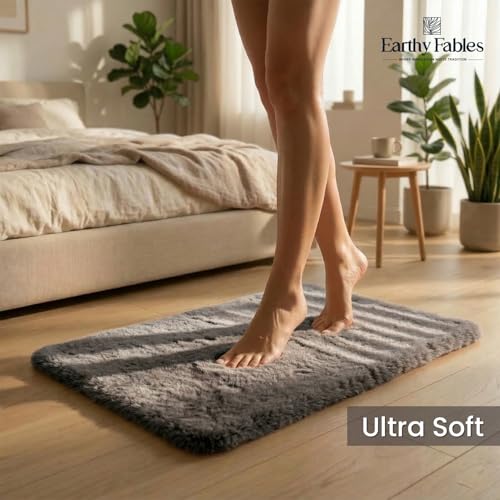 Image of Earthy Fables Plush Microfiber Bath Mat, Quick Dry, Anti-Skid, Water Absorbent, Non-Slip, Machine Washable Floor Rug, Shower Mat, Door Mat for Bathroom, Bedroom, 60 x 40 cm - Grey