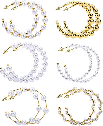 LOLIAS 6 Pares Pendientes Aro Grandes Perlas Para Mujer Pendientes Cuentas Pendientes Redondos Círculo Grande Abierto Pendientes Huggie Pendientes Medio Aro Conjuntos Joyas