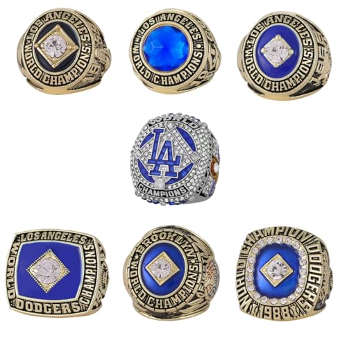 GIFT SET LOS ANGELES BASEBALL 1955 1959 1963 1965 1981 1988 2020 WORLD CHAMPIONSHIP RING, 7 RINGS SET WITH 7-HOLE WOODEN DISPLAY BOX PACKAGING, HOLIDAY GIFT FOR BASEBALL FANS