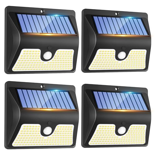 Rovnoes 4 Stück Solarlampen für Außen mit Bewegungsmelder - 150 LED 3 Modi Solar Strahler Aussen, IP65 Wasserdichte Solarleuchte mit Bewegungsmelder für Garten Garage Hof Rasen Stufen Haustüren