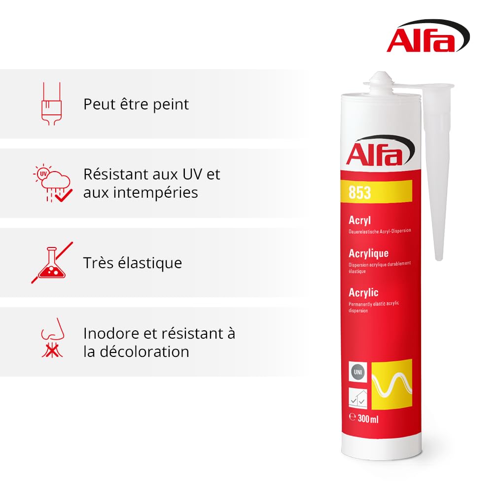 853 ALFA - Mastic acrylique de dispersion pour joints et fissures, lot de 20, 310 ml (6,2L), blanc, de qualité professionnelle, sans odeur, sans solvant, à forte adhérence