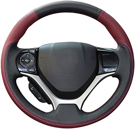 Eiseng DIY leather Steering Wheel Cover Wrap for Honda Civic 2012 2013 2014 2015 interior Accessories Stitch on Wrap 13.5-14.5 inches (Black leather+claret-red fibre leather)