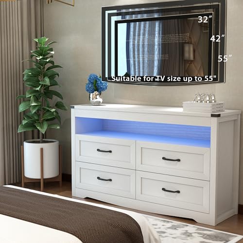 Image of Wodeer White Dresser for Bedroom, Wood 4 Drawer Dresser with LED Light, Dressers & Chests of Drawers with Metal Handles, Storage and Organization for Bedroom, Hallway, Entryway