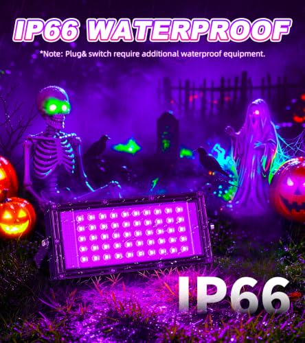 Image of TigQiang 50W 6 Pack Black Light Glow in Dark Party, Blacklight Halloween | IP66 LED Outdoor Blacklights Flood Light for Body Paint, Room, Fluorescent Poster, Neon Decor, 6Ft & Plug & Switch, 385-400nm