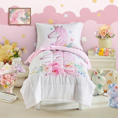 Image of Unicorn Toddler Bedding Set for Girls Light Pink Unicorn Flowers 4PC Toddler Bed Set - Soft Blue Yellow Butterfly Cute Princess Toddler Bed in a Bag with Pink Sheet Set and Pillow Shams