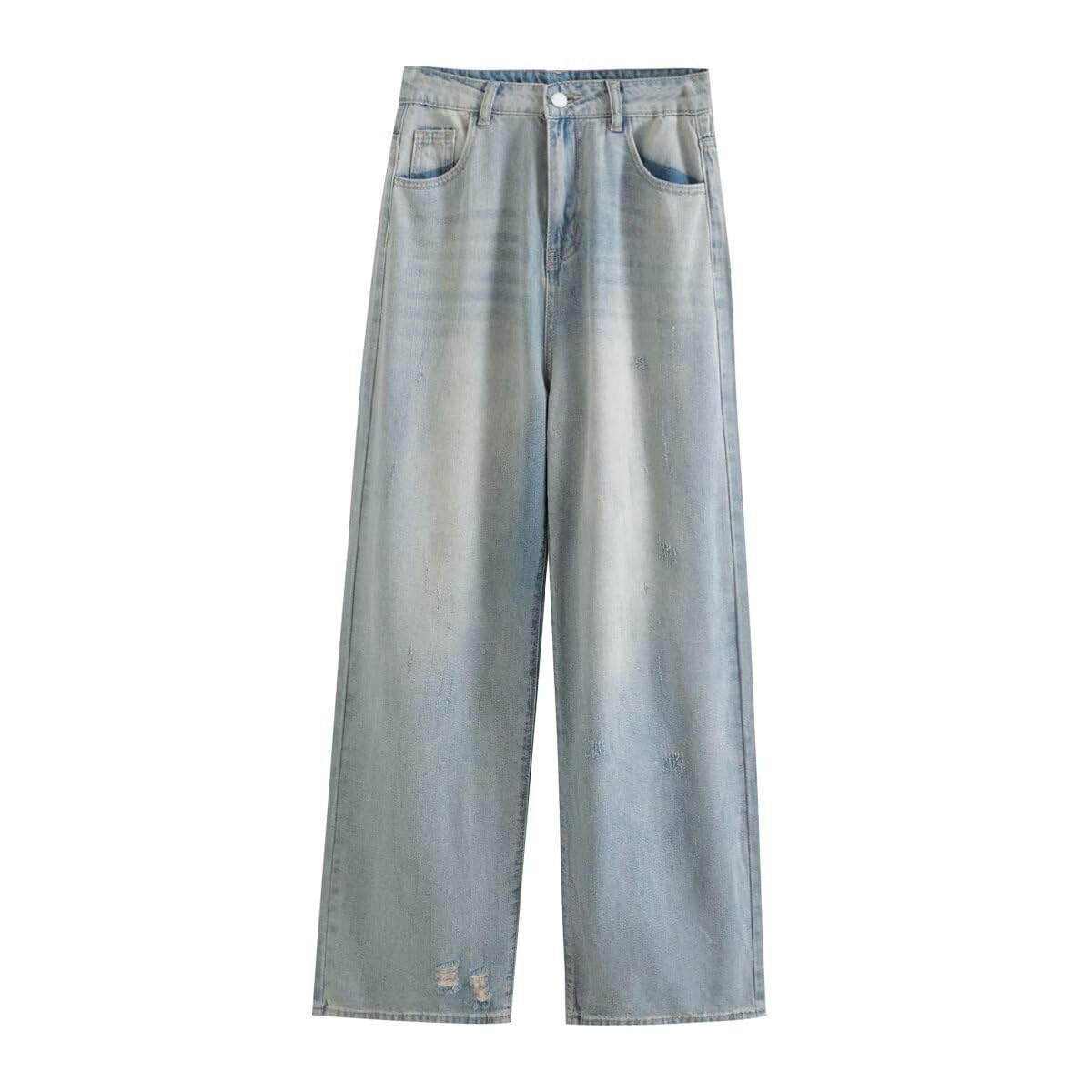Women’s Ripped Light Blue Jeans | High Waist Denim Pants with Button Closure | Distressed Straight Fit Jeans | Light Blue - S-image-2