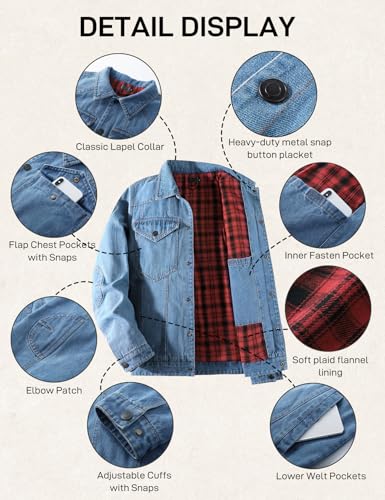 Men's Flannel Lined Denim Jackets Cowboy Cut Western Vintage Rugged Jean Trucker Jacket with Pockets4